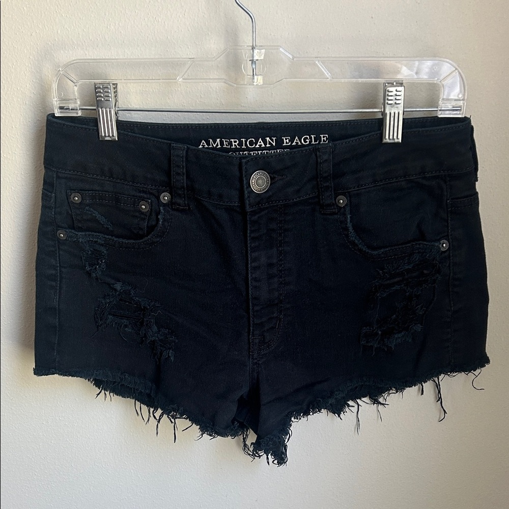 American Eagle Black Distressed Stretch Jean Shorts
